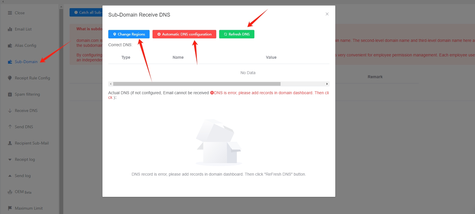 Résolution de réception du nom de sous-domaine